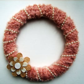 Hanging Blush Pink Wool & Pearl Wreath 
