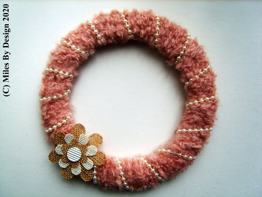 Hanging Blush Pink Wool & Pearl Wreath 