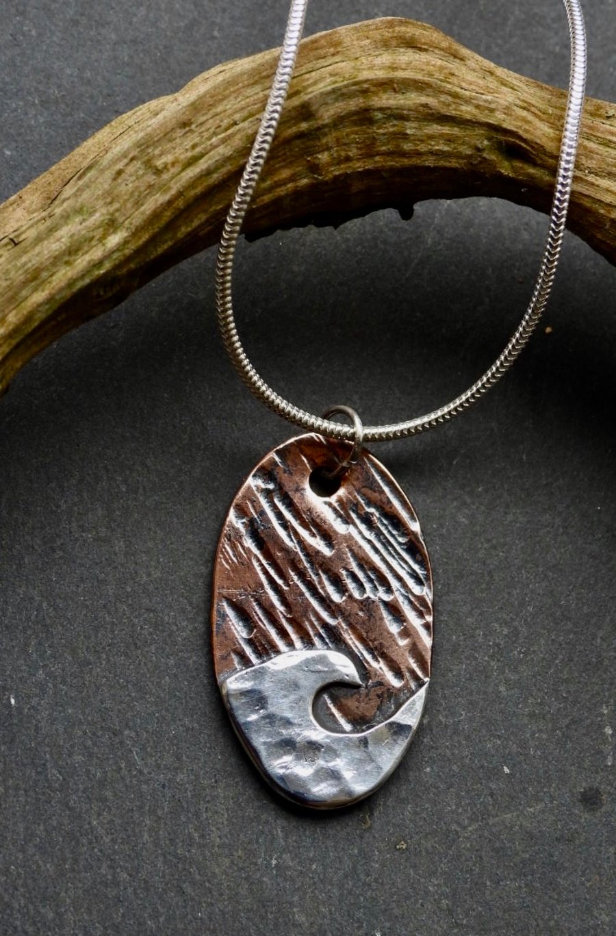 Waves pendent necklace in mixed metal. Mens, Woman’s, Surfer.
