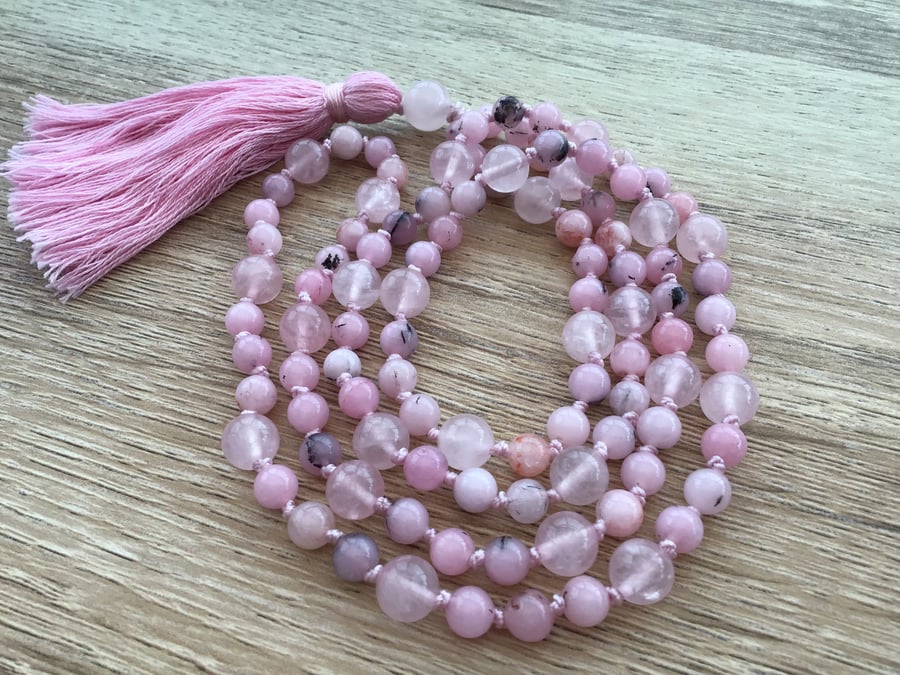 Rose Quartz and Cherry Blossom Jasper hand knotted long gemstone tassel necklace