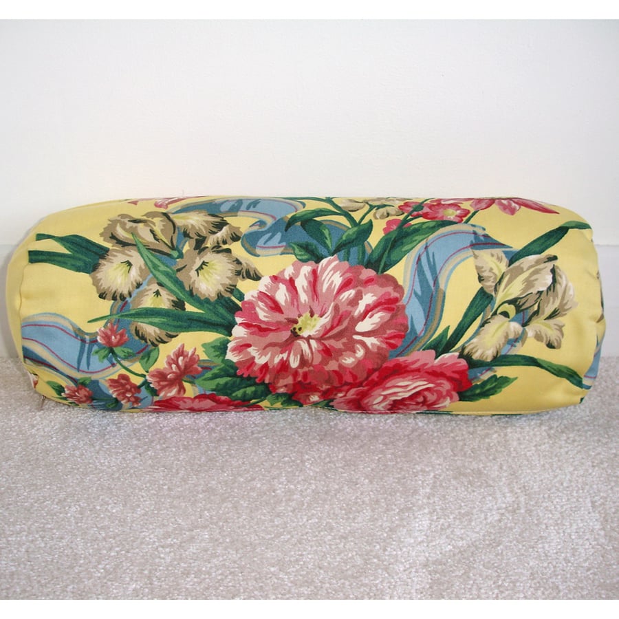 Bolster Cushion Cover 16"x6" Yellow Floral Round Cylinder Neck Roll Pillow Pink