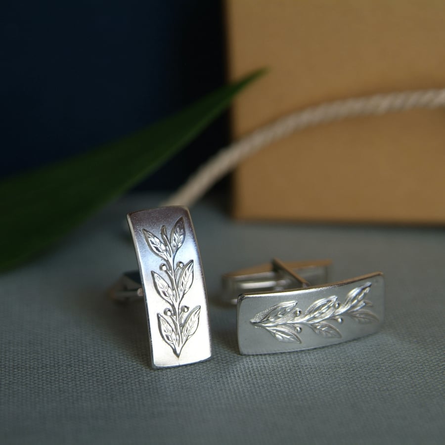 Silver Cufflinks Leaf Design, Sterling Silver Cufflinks Gift for Men