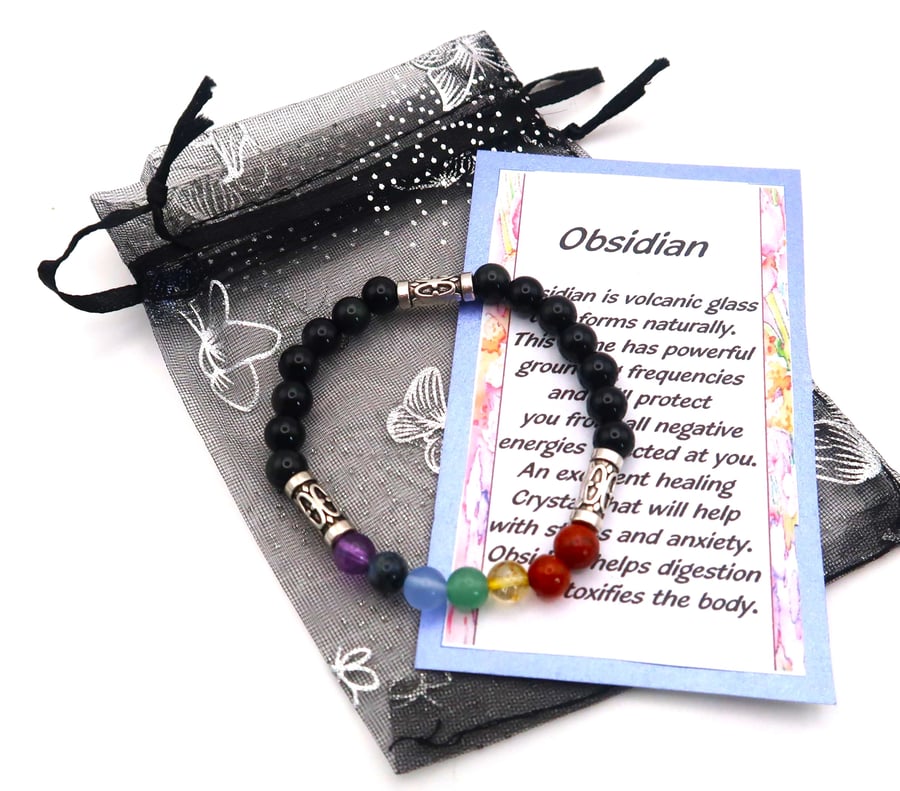 Obsidian and Chakra Crystal Bracelet. Very Protective.