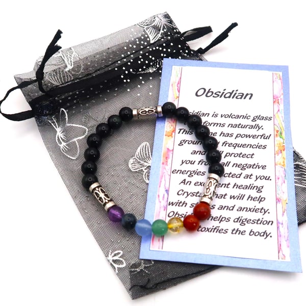 Obsidian and Chakra Crystal Bracelet. Very Protective.