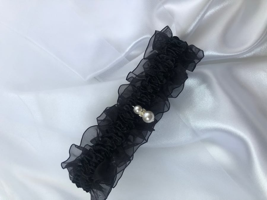 Black Organza & Satin Garter with Pearl Detail - Many Sizes Available 