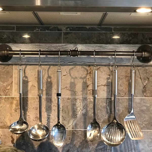 Kitchen Utensil Rail. Cooks Iron Utensil Rail on Silver Fox Painted Timber. Hang