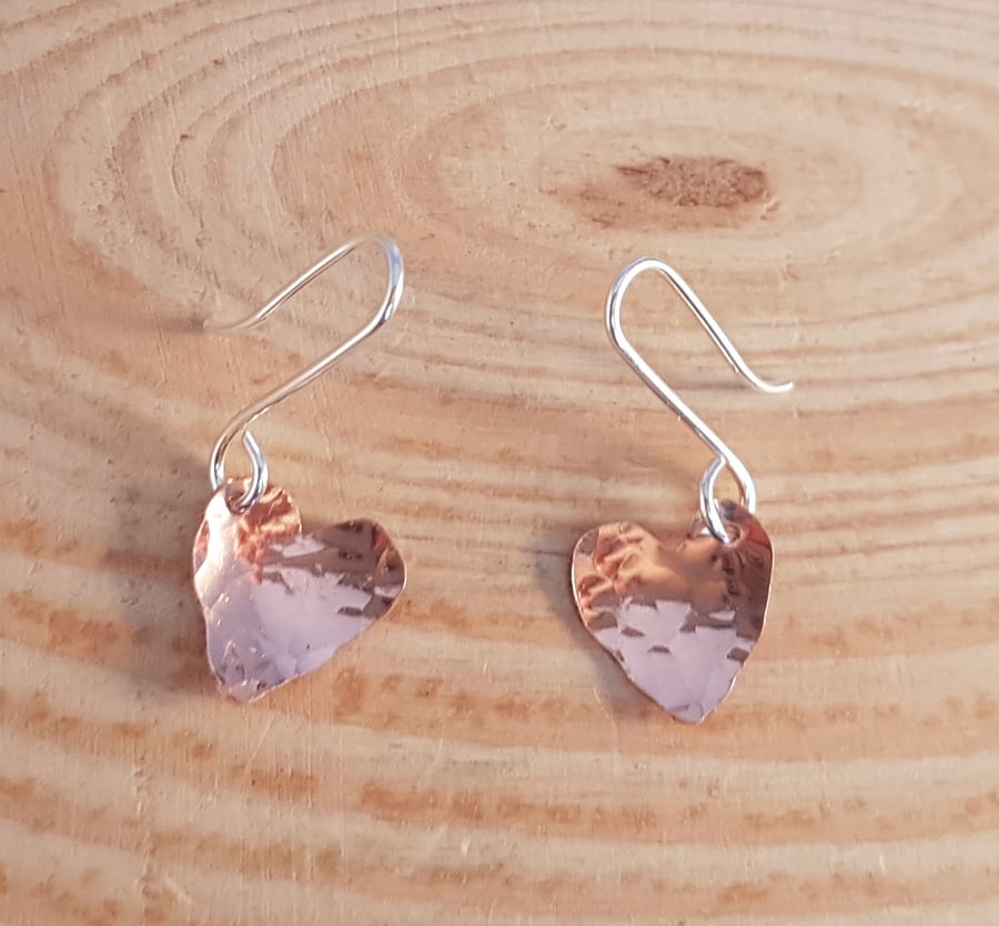 Sterling Silver and Copper Hammered Hearts Drop Dangle Earrings