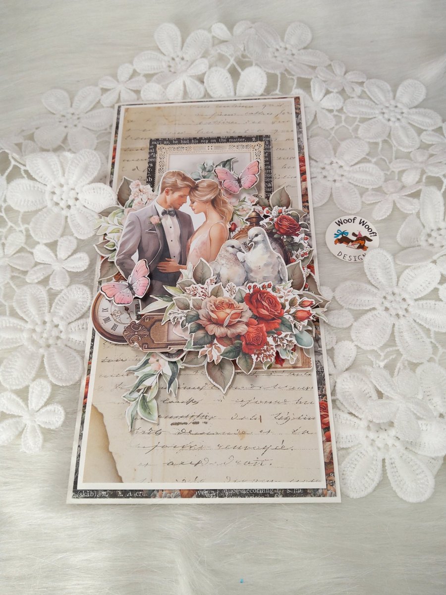 Handmade wedding card vintage style romantic couple. (200)