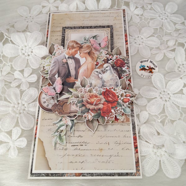 Handmade wedding card vintage style romantic couple. (200)