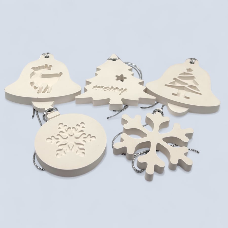 Set of Five White Festive Hanging Christmas Decorations