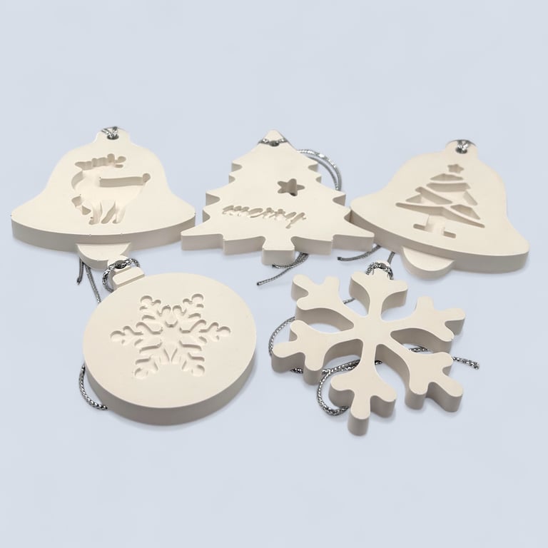 Set of Five White Festive Hanging Christmas Decorations