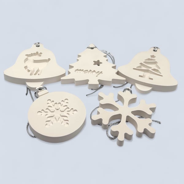 Set of Five White Festive Hanging Christmas Decorations