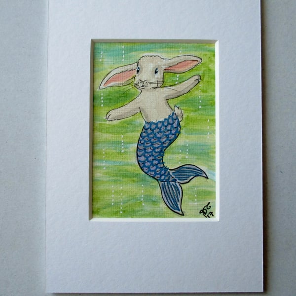 Merbunny Mermaid Bunny Rabbit ACEO original miniature painting in mount