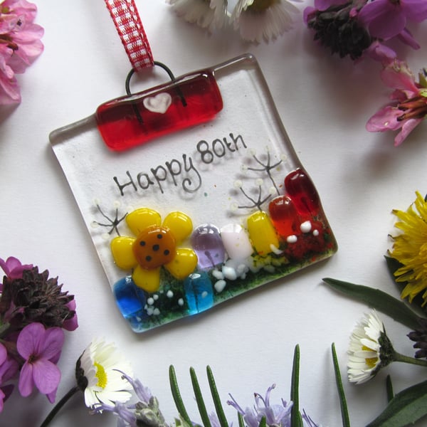 Happy 80th Fused Glass MINI Suncatcher (Sunflower Meadow)