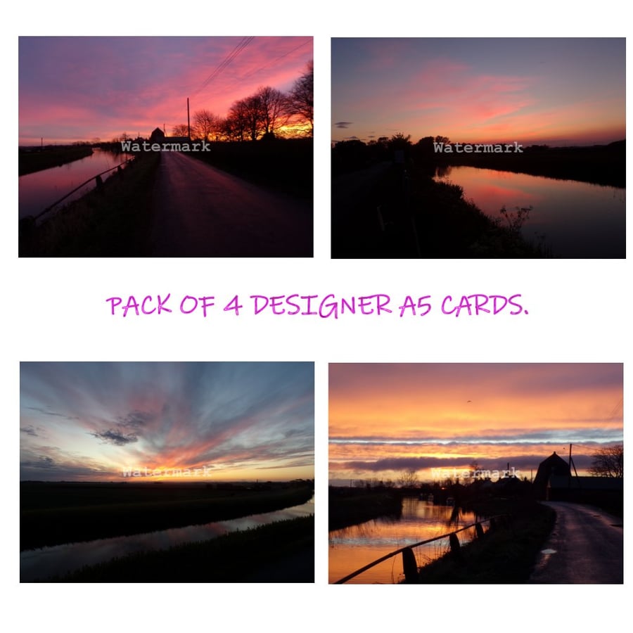  Pack of 4 Norfolk Sunset & Sunrises Blank Inside A5 Cards With Envelopes.
