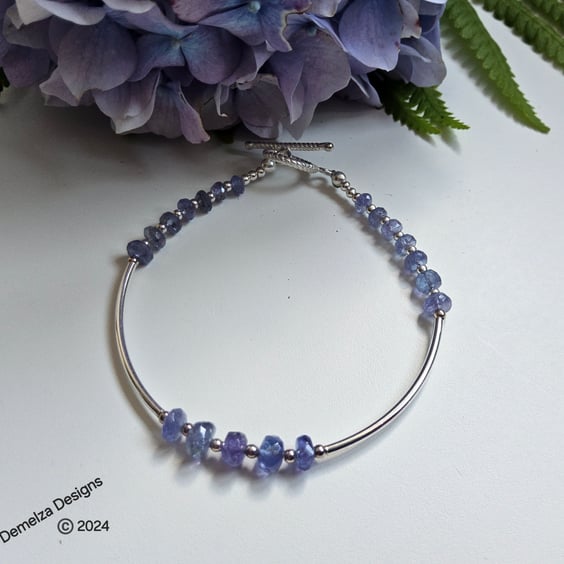 Designer AAA Tanzanite Faceted Bead Sterling Silver Noodle Bracelet