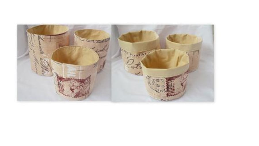 set of three graduated tan and brown cotton storage tubs for your nik naks 