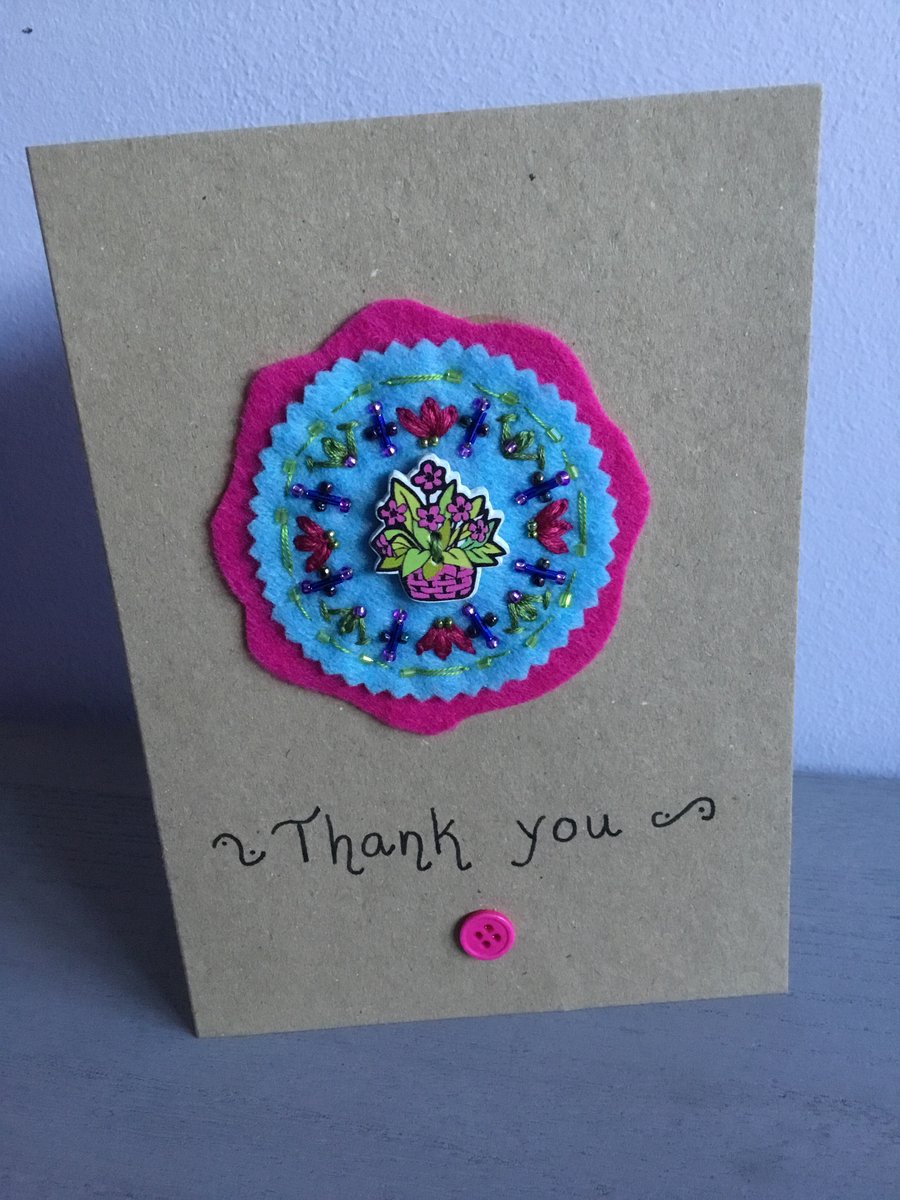 Hand Embroidered Flower Thank you Card