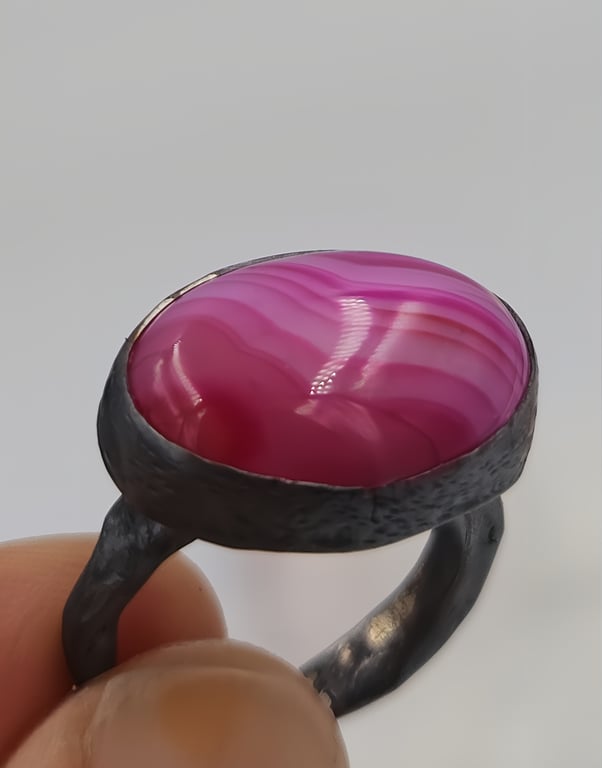 Vibrant Pink Agate Statement Ring : Size L