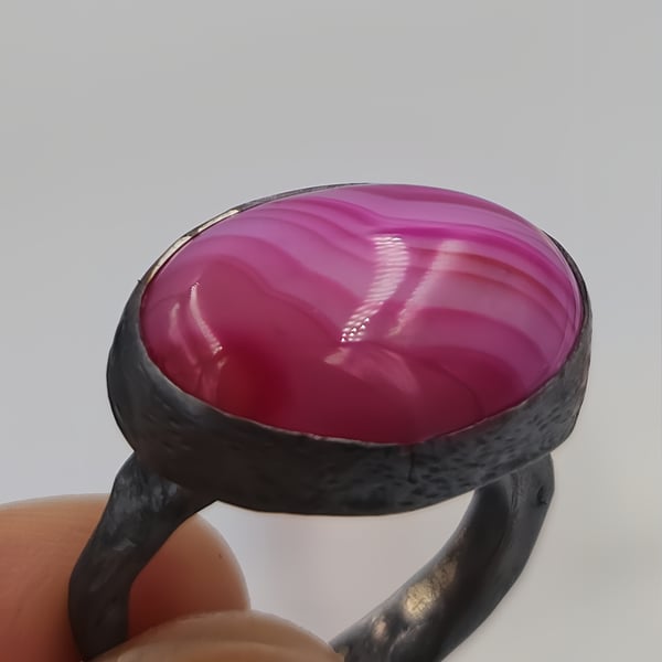 Vibrant Pink Agate Statement Ring : Size L