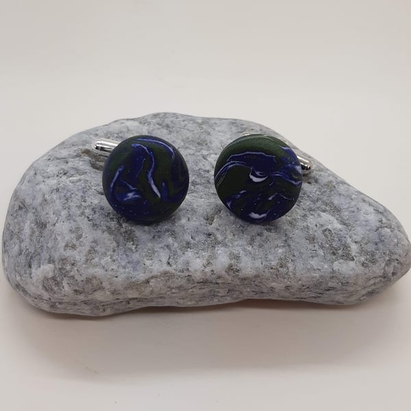 Forest green and navy polymer clay cufflinks