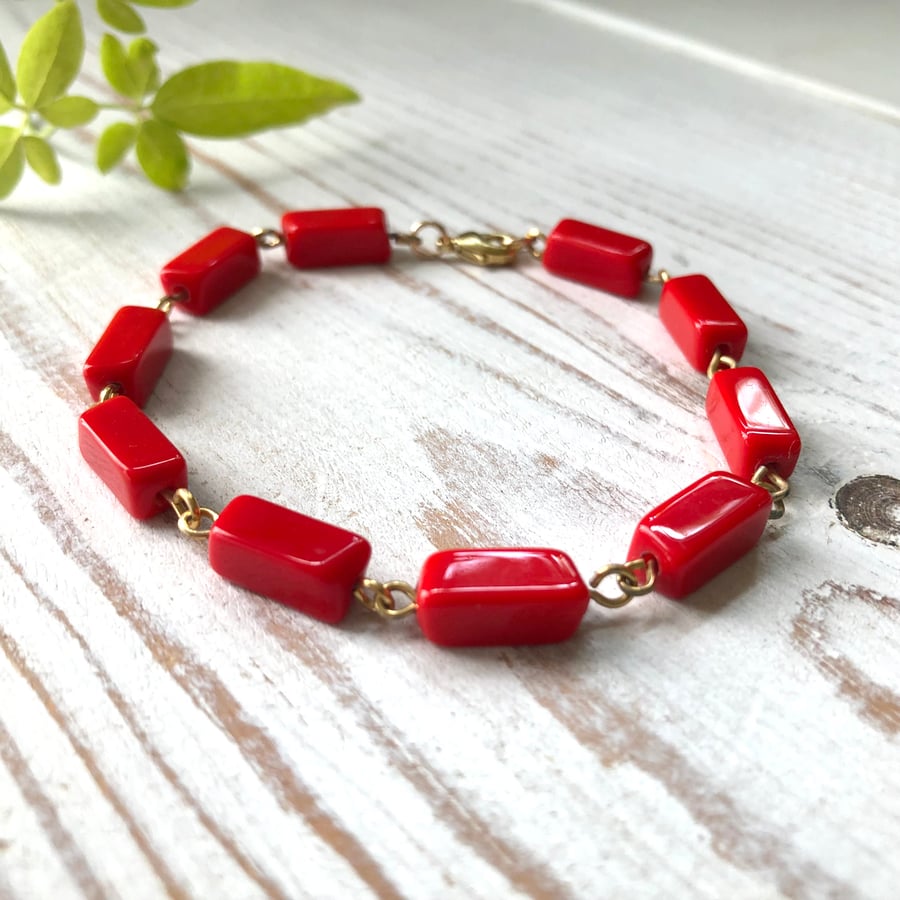 Recycled Red Coral Bracelet. Delicate Red & Gold Chain Link Bracelet.