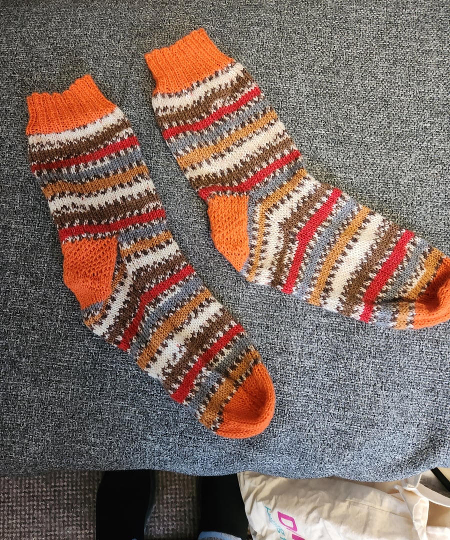 Hand Knit  Socks Orange Brown Red Stripes 