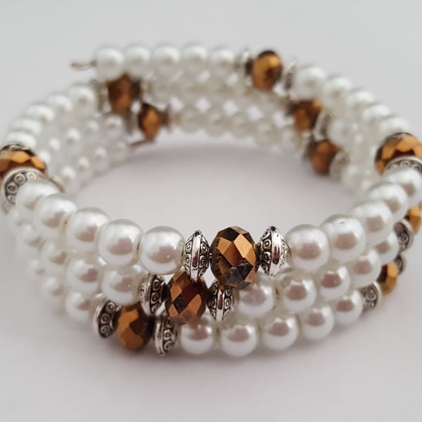 White and coppery beaded wrap bracelet - 2001416