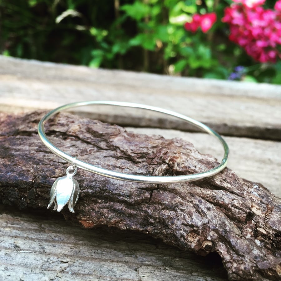 Sterling silver bangle and flower charm, sterling silver bracelet gift