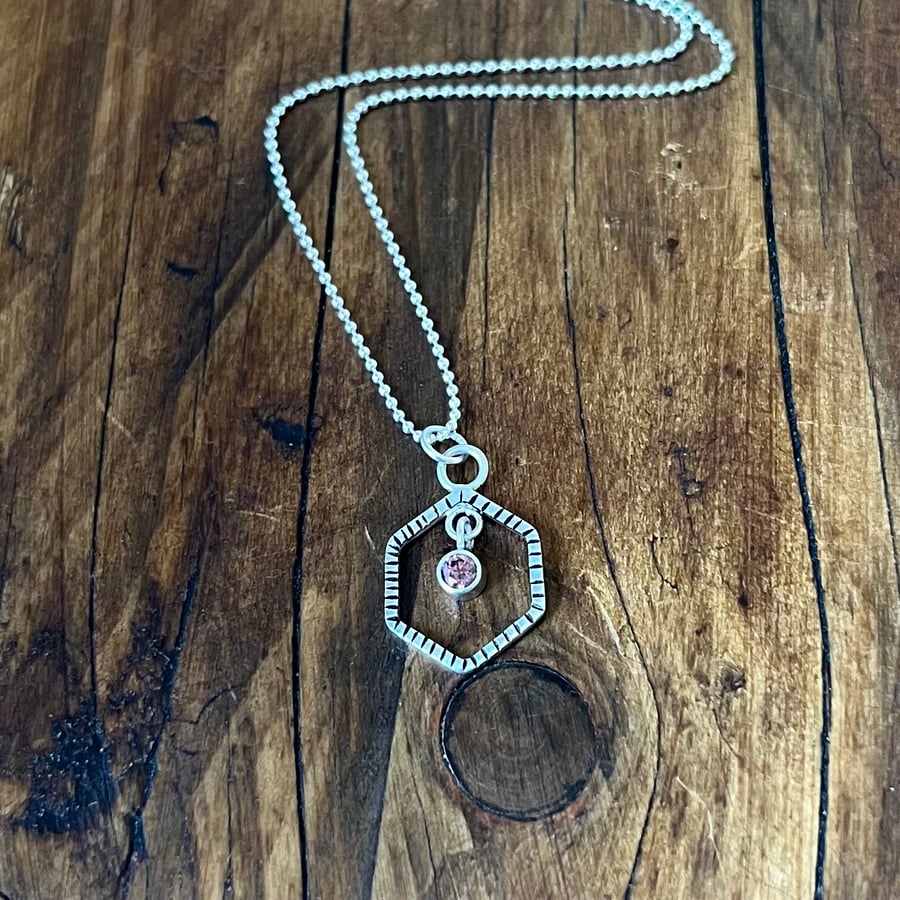 Hex Pendant, Pink CZ & 18" Ball Chain - Handmade, Sterling Silver