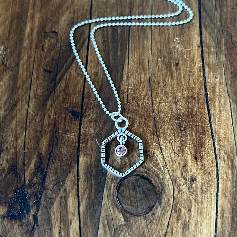 Hex Pendant, Pink CZ & 18" Ball Chain - Handmade, Sterling Silver