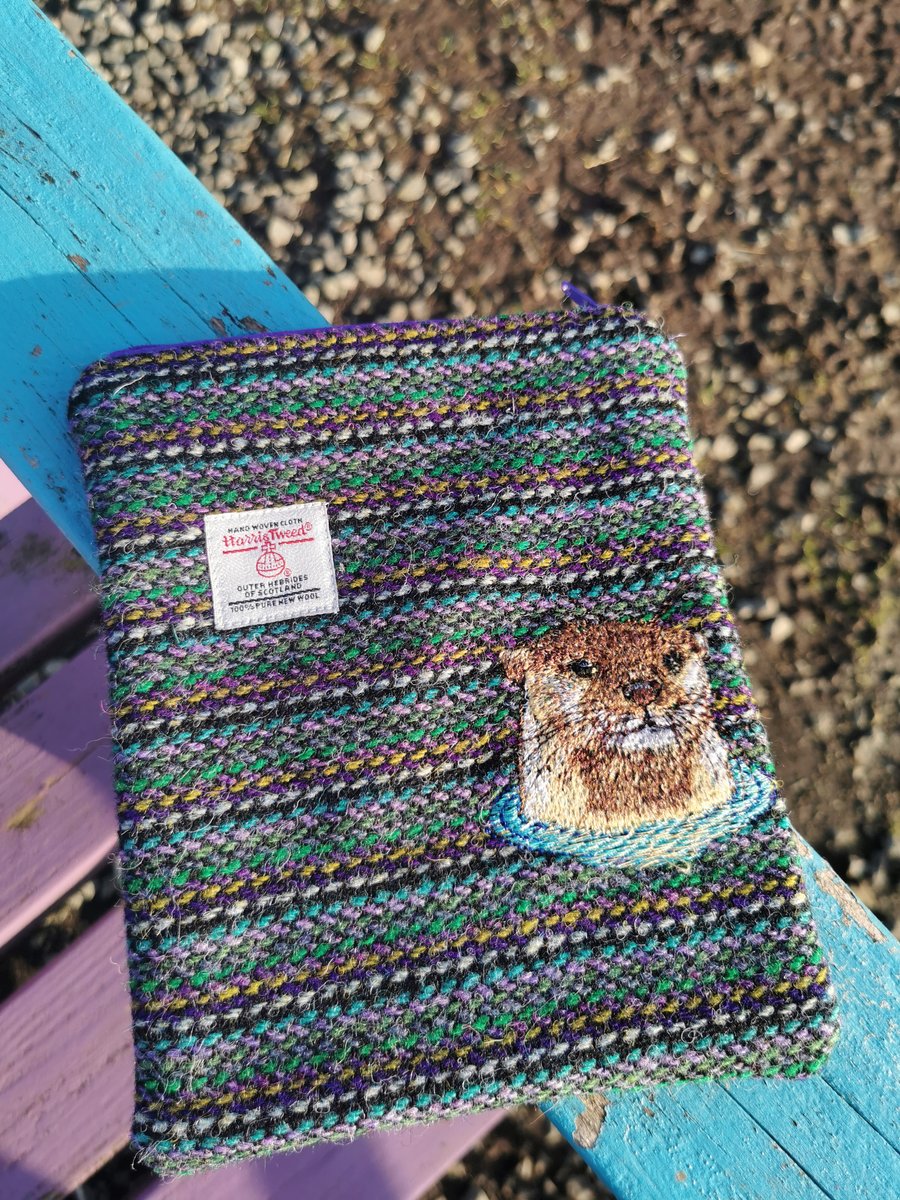 Harris Tweed zip topped case with embroidered otter 