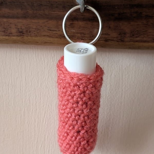 Handmade crochet lipbalm holders used as a keyring - bagcharm - coral