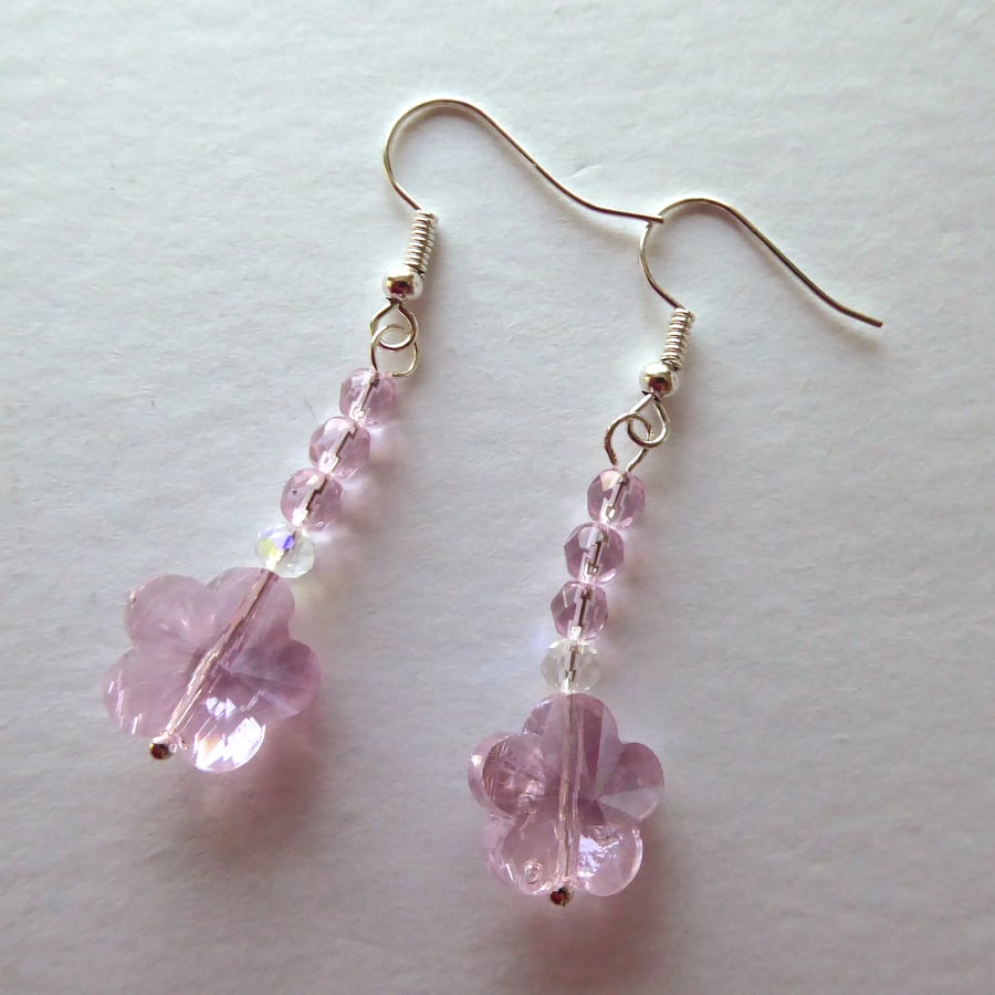  Crystal Glass Flower Earrings Pale Pink