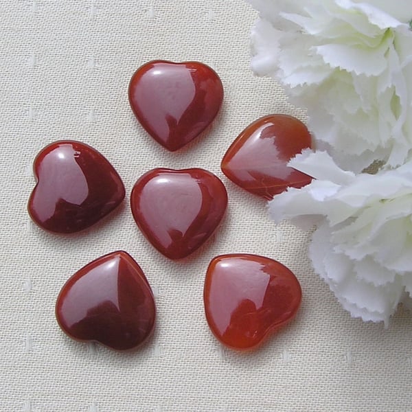 6 Orange Carnelian Solid Gemstone Puffy Polished Hearts - 20mm - Crafting