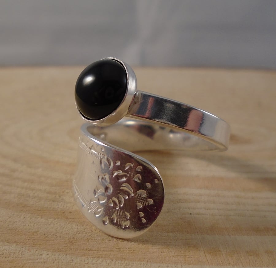 Sterling Silver Upcycled Bright Spoon Handle Ring with Onyx Cabochon