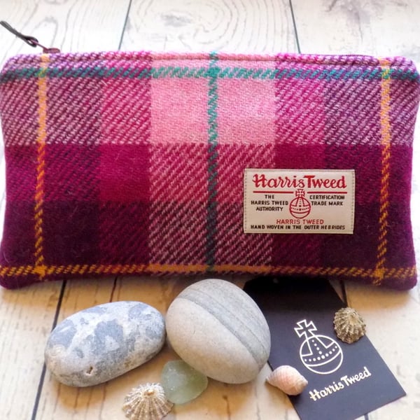 Harris Tweed clutch purse, pencil case in pink and plum purple