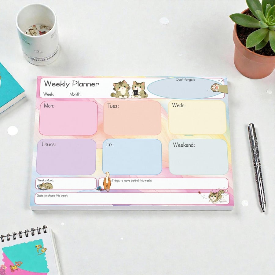 Kawaii Cat Weekly Planner Pad Pastel Feline Desk Organizer, Undated To Do List 