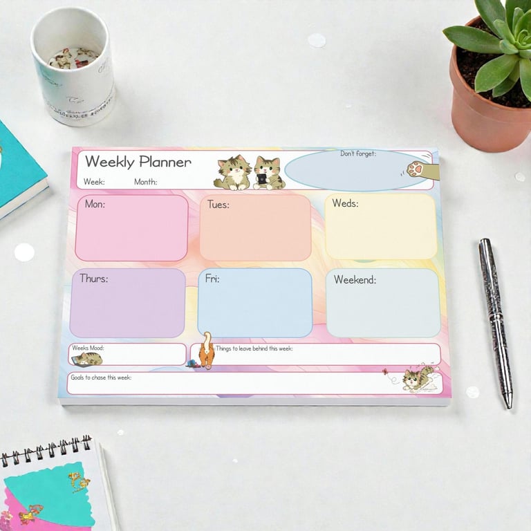 Kawaii Cat Weekly Planner Pad Pastel Feline Desk Organizer, Undated To Do List 