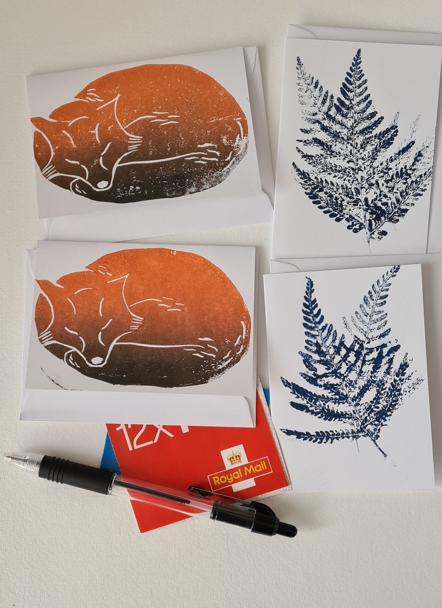 Multipack 4 notecards handprinted fox and fern gift idea