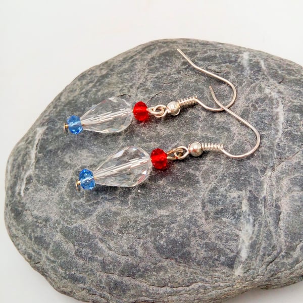 Clear Red and Blue Crystal Drop Bead Earrings, Gift for Her, Birthday Gift
