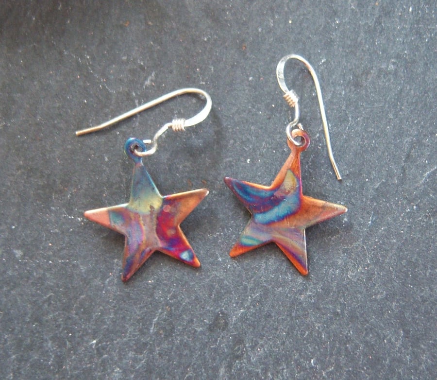 Flame Painted Copper Star Earrings