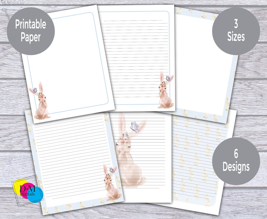6 Cute Bunny Rabbit Printable Letter Writing Papers for Kids, Lined and Unlined,