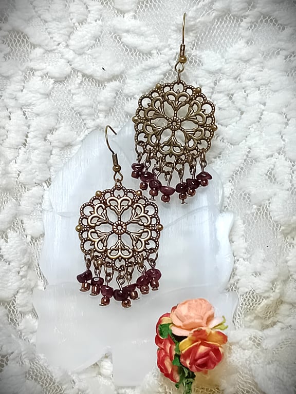 Garnet & Bronze Bohemian Earrings