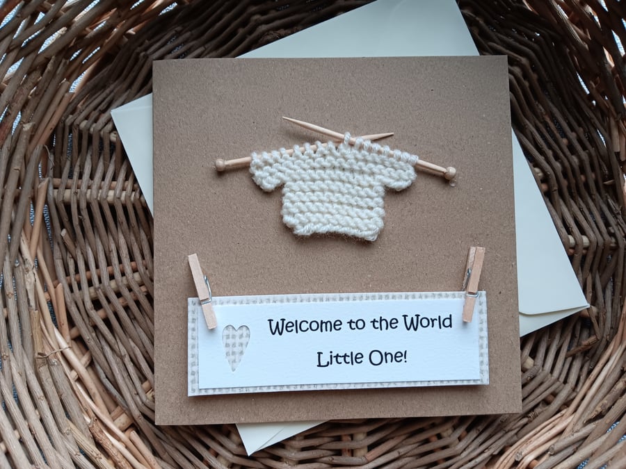 Welcome to the World Little One New Baby Card with Knitted Jumper 5" x 5"