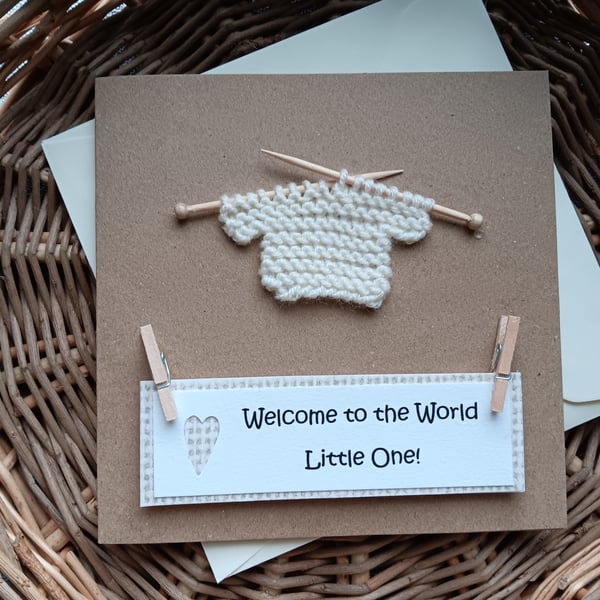 Welcome to the World Little One New Baby Card with Knitted Jumper 5" x 5"