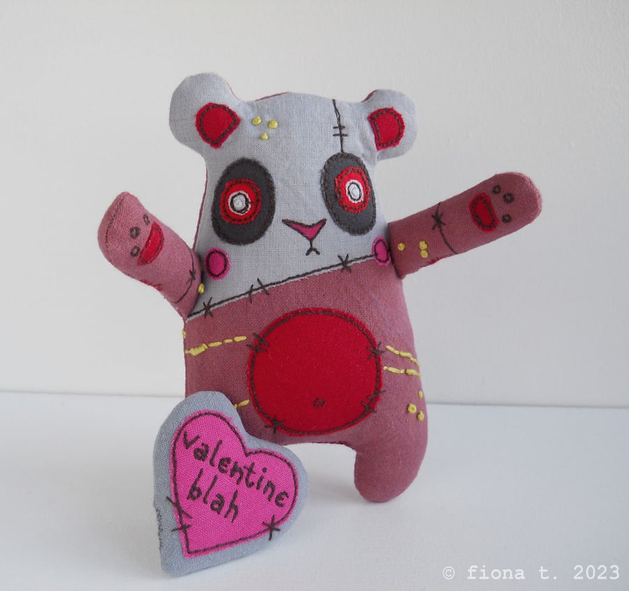 freehand machine hand embroidered valentines zombie panda bright pink
