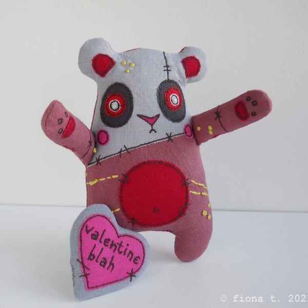 freehand machine hand embroidered valentines zombie panda bright pink