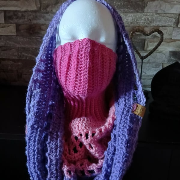 Crocheted Wasteland Hood Distressed Hooded Shawl Style Wrap - PINK PURPLE
