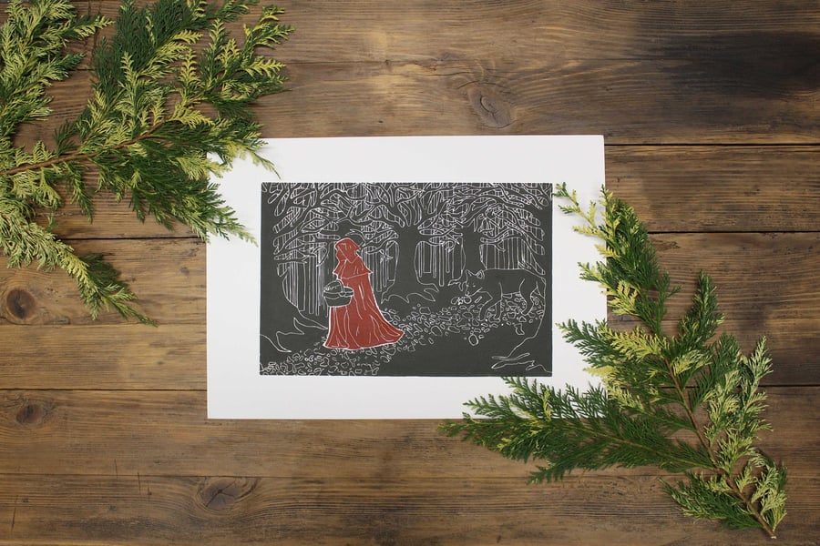Little red cap and the wolf A3 Lino print